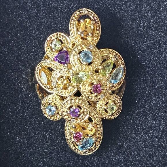 FELICIA DESIGNS FD Gold Technibond Multi Gemstone Filigree 925 Ring 6 - Picture 1 of 10